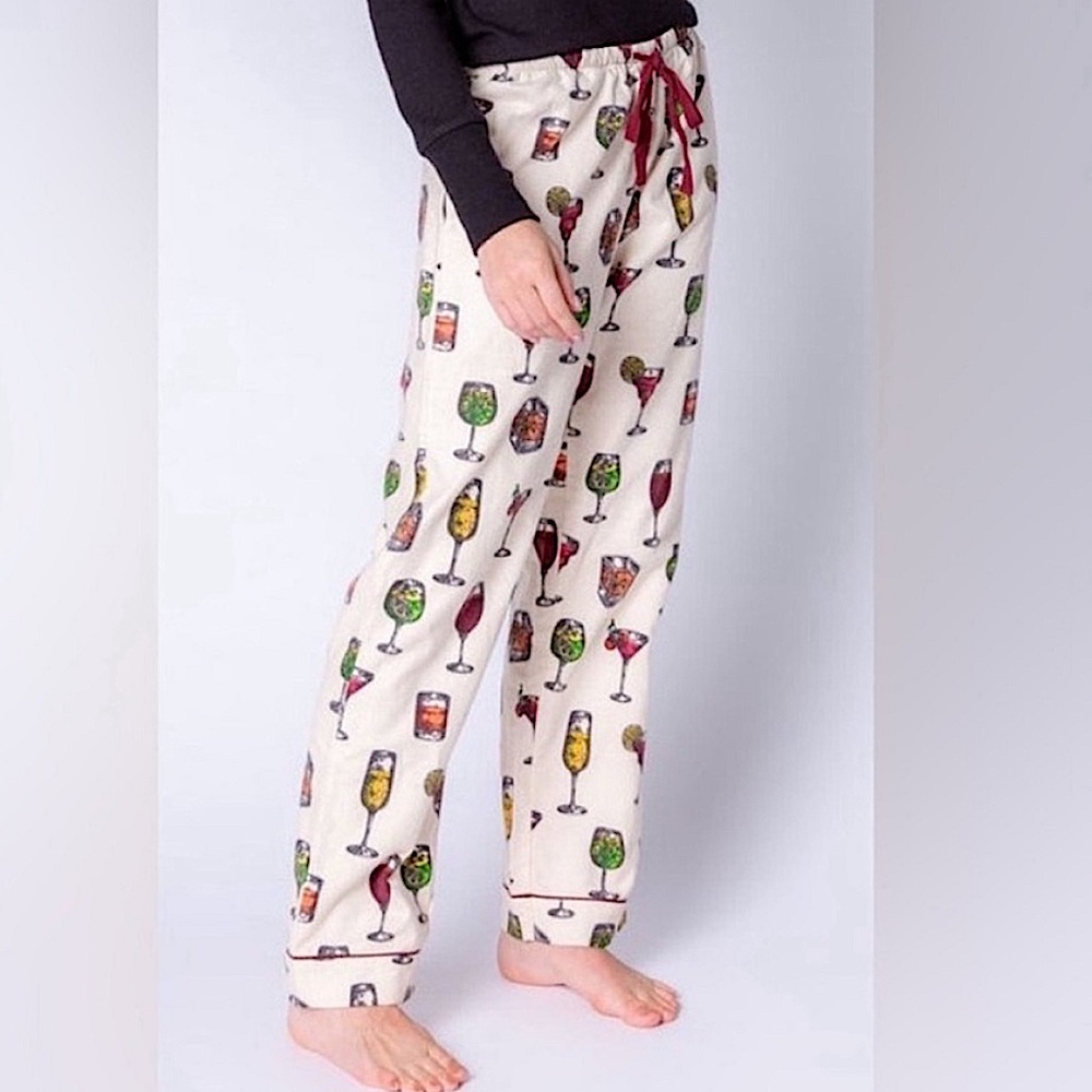 NWT PJ Salvage Old Fashioned Cocktail Print Flannel Pajamas Pants Cream & Red XL